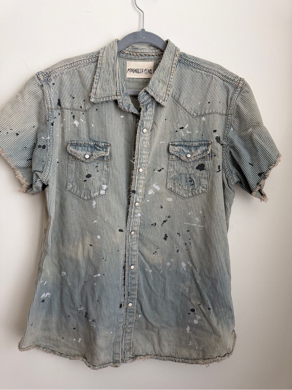 Magnolia Pearl // MARFA Workshirt // Striped Paint-Splatter Short Sleeve Shirt